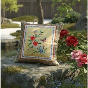 Vintage Chinese Silk Embroidered Pillow-Beijing-Peony Butterfly-Chinoiserie-Asia